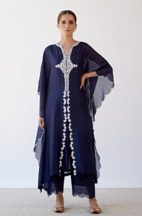 Navy Ivory Chanderi Kaftan Set (RTS)