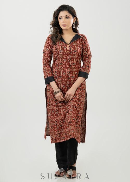 Stylish Maroon Cotton Ajrakh Miniature Animal Printed Kurta - Pant Optional