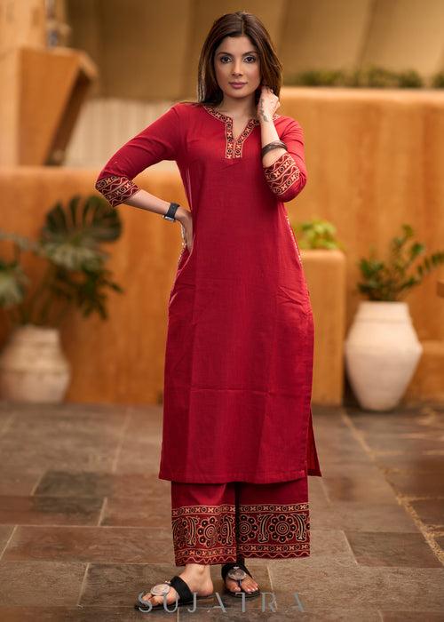 Casual Maroon cotton kurta with Ajrakh detaling - Pant optional