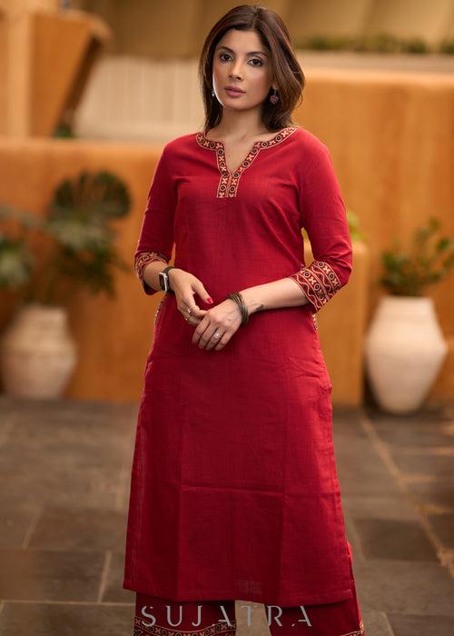 Casual Maroon cotton kurta with Ajrakh detaling - Pant optional