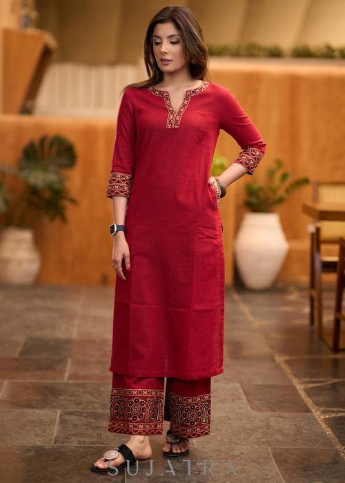 Casual Maroon cotton kurta with Ajrakh detaling - Pant optional