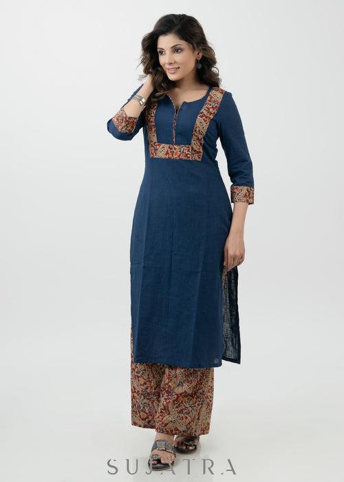 Exclusive Navy Blue Cotton Kalamkari Kurta - Palazzo Optional