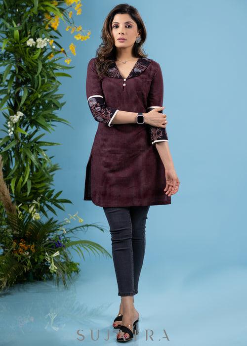 Elegant wine cotton checkered tunic with floral ajrakh combination