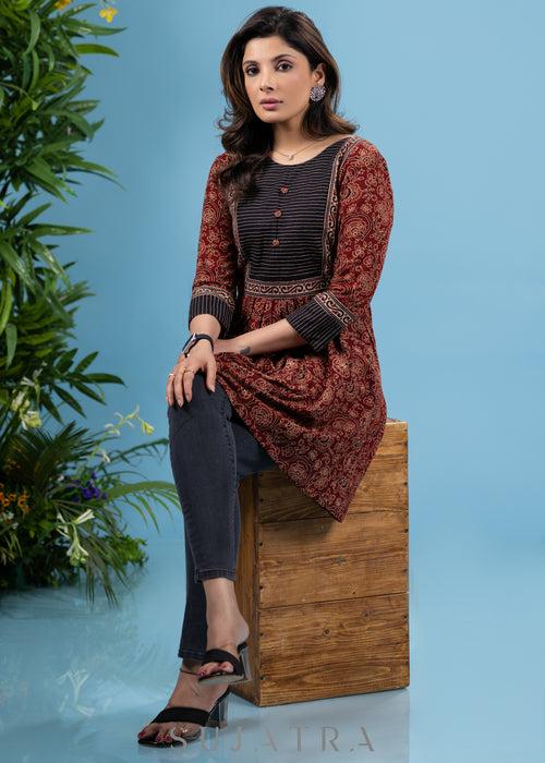 Exclusive maroon ajrakh cotton tunic with highlighted yoke