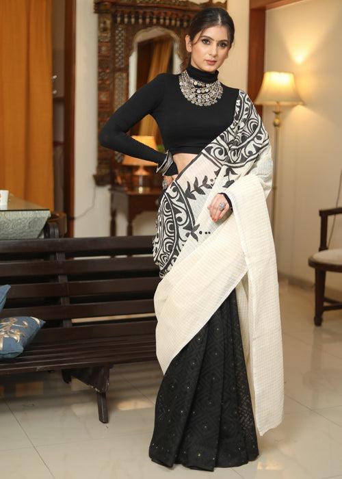 Stylish black cotton Dhakai hand painted saree