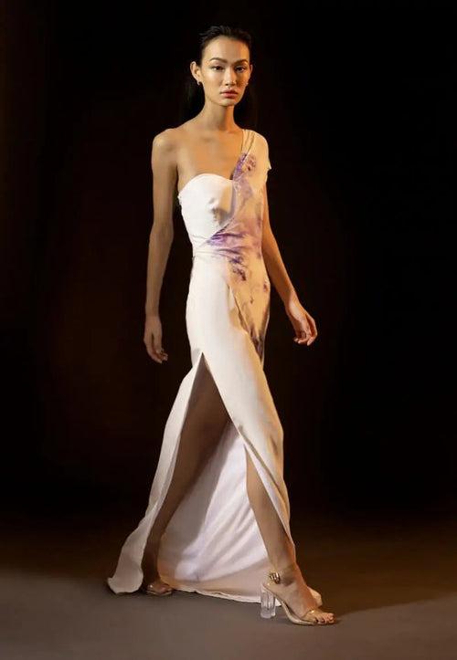 One-Shoulder Draped Dress in White