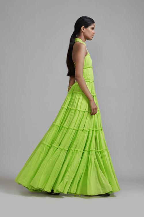 Neon Green Backless Tiered Gown