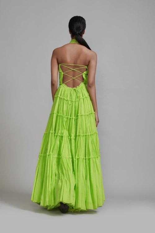 Neon Green Backless Tiered Gown