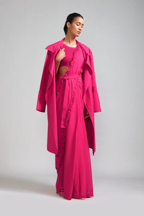 Pink Fringed Saree-Bodysuit-Jacket Set (3 PCS)