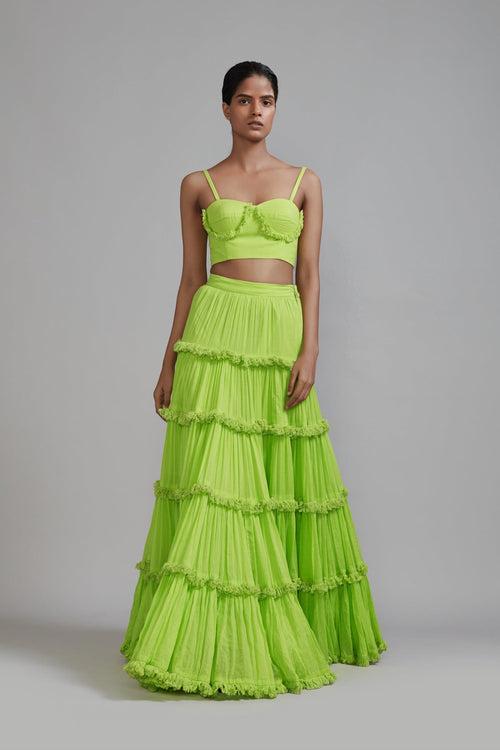 Neon Green Fringed Tiered Lehenga Set (2 PCS)