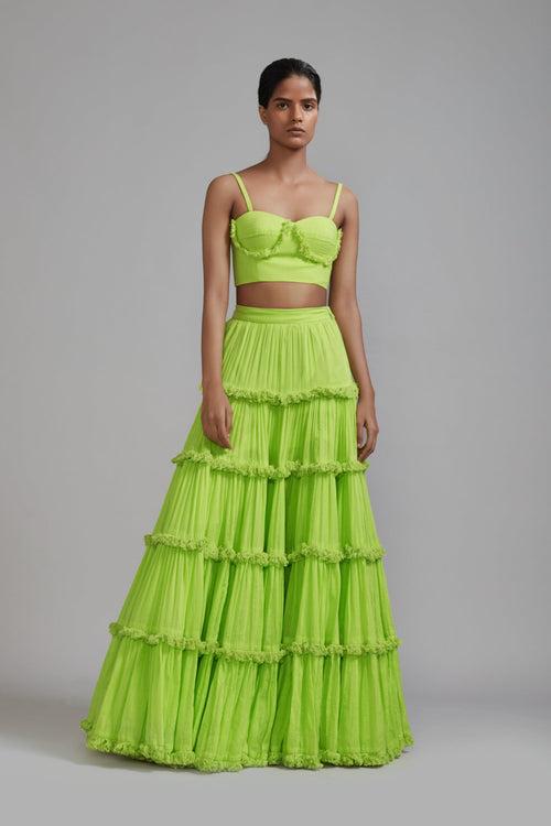 Neon Green Fringed Tiered Lehenga Set (2 PCS)