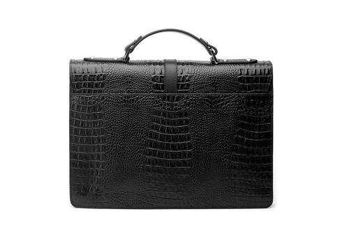 Leather Laptop Briefcase - Crocodile Pattern Black