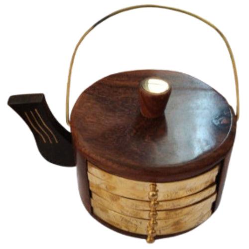 Indian Art Villa Kettle Shaped Wooden Coaster Set, 7 CM Length