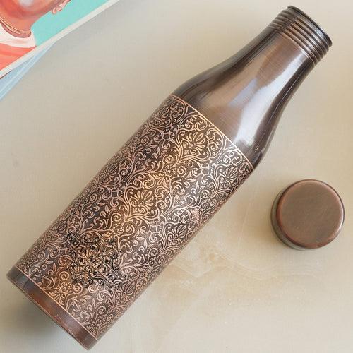 IndianArtVilla Pure Copper Bottle with Antique Dark Embossed Design, 900ml, Drinkware