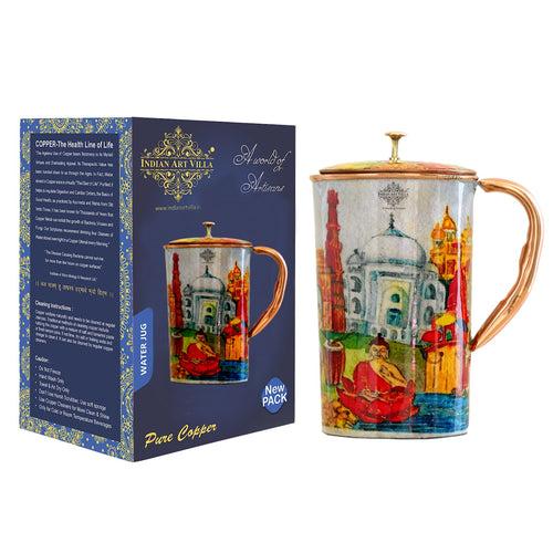 INDIAN ART VILLA Pure Copper Padharo Mhare Desh Design Jug, 1500ml