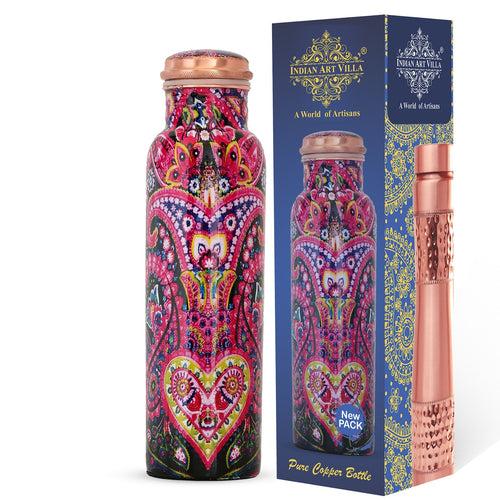 IndianArtVilla Copper Multicolored Bottle in Pink Floral Print, Volume - 1000 ML