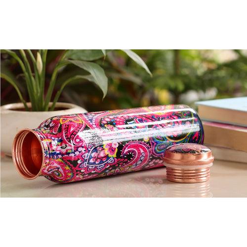 IndianArtVilla Copper Multicolored Bottle in Pink Floral Print, Volume - 1000 ML