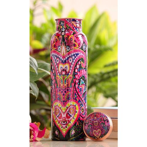 IndianArtVilla Copper Multicolored Bottle in Pink Floral Print, Volume - 1000 ML