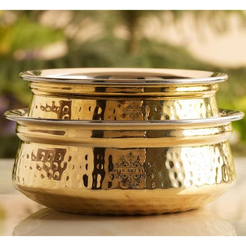 INDIAN ART VILLA Steel Brass Hammered Design Handi, Servware, Tableware