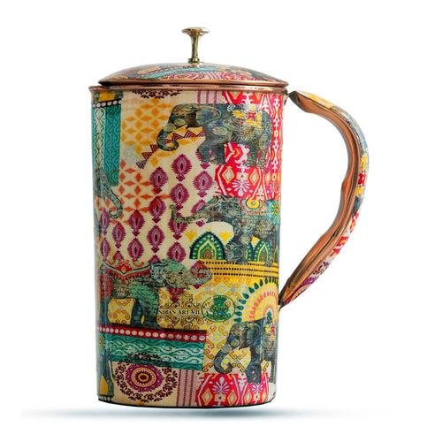 Indian Art Villa Copper Printed Jug - Padharo  Mhare Desh Design, 1500ml