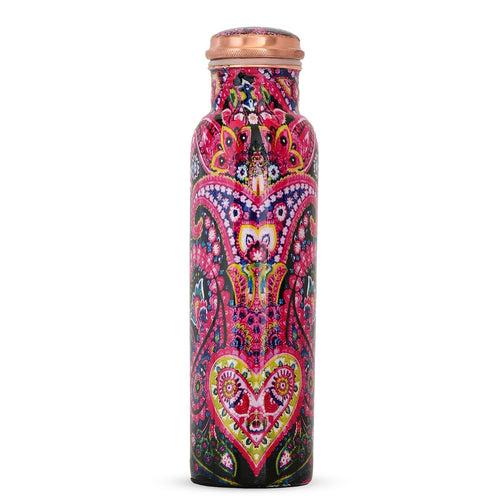 IndianArtVilla Copper Multicolored Bottle in Pink Floral Print, Volume - 1000 ML