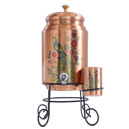 INDIAN ART VILLA Copper Peacock Printed Design Water Pot With Stand & Glass 5 Ltr