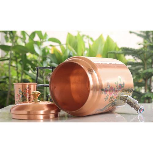 INDIAN ART VILLA Copper Peacock Printed Design Water Pot With Stand & Glass 5 Ltr