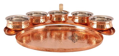 INDIAN ART VILLA Copper Maharaja Style Full Moon Tray Plate with 5 Serving Sauce Pots