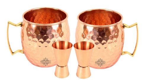 INDIAN ART VILLA Set of 2 Pure Copper Moscow Mule with Free 2 Pure Copper Shot Glasses