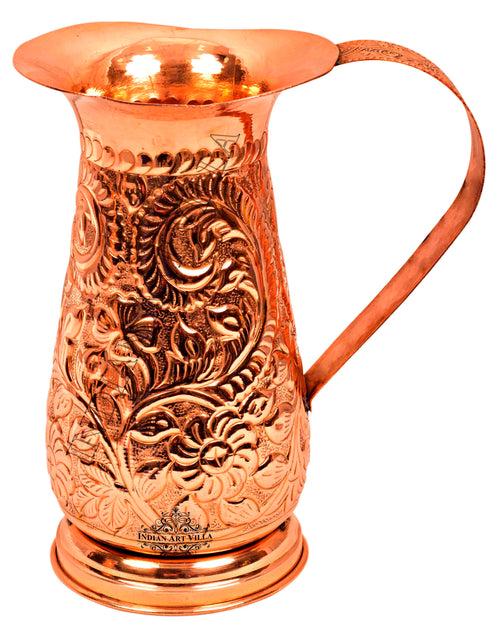 INDIAN ART VILLA Pure Copper Handmade Floral Design Jug Pitcher 1300 ML with 6 Glass Tumbler 350 ML (7 Pieces)