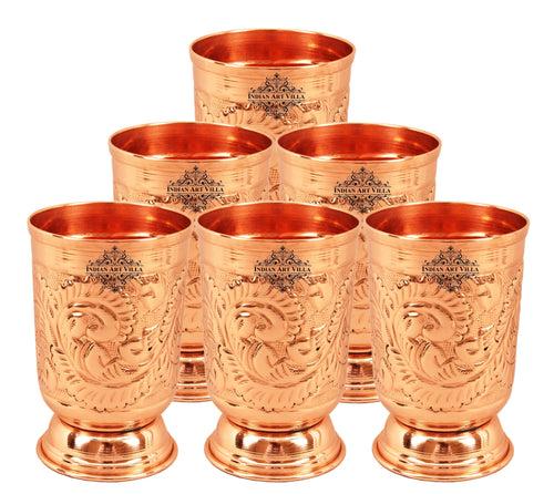 INDIAN ART VILLA Pure Copper Handmade Floral Design Jug Pitcher 1300 ML with 6 Glass Tumbler 350 ML (7 Pieces)