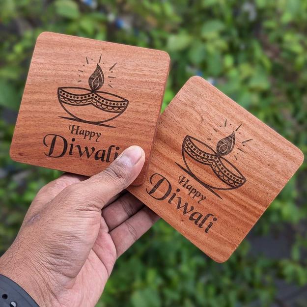 Happy Diwali Wooden Square Coasters | Set of 2