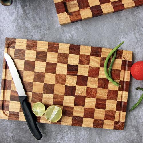 Chessboard Design Wood Tray & Chopping Board: Set of 2 | Birthday Gift Set