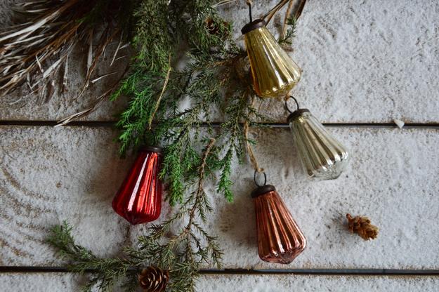 Set of 4 Glass Ornaments Copper, Silver, Gold & Red