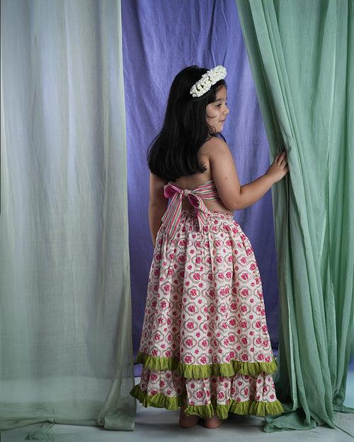 ‘Rain of flowers’ girls ethnic wear lehenga set in floral hand block print cotton