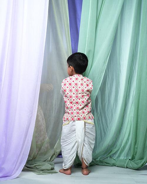 ‘Rain of flowers’ boys ethnic wear bandi/ Nehru jacket in hand block print cotton