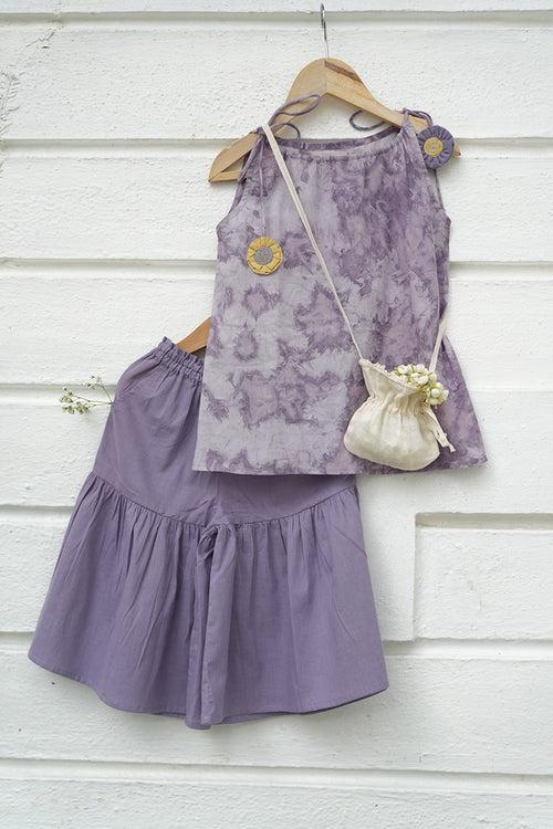 Set of 2 - ‘Ethereal’ natural dyed sharara pants and kurta set with handmade sling bag in lilac tie dye