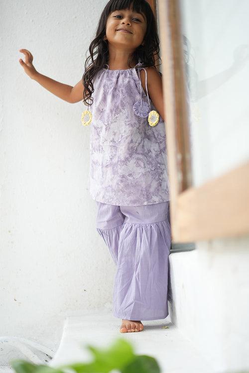 Set of 2 - ‘Ethereal’ natural dyed sharara pants and kurta set with handmade sling bag in lilac tie dye