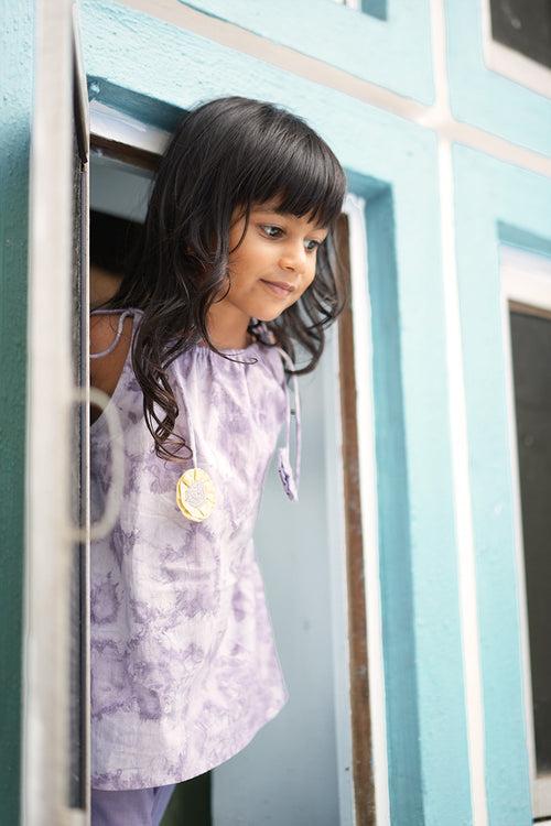 Set of 2 - ‘Ethereal’ natural dyed sharara pants and kurta set with handmade sling bag in lilac tie dye