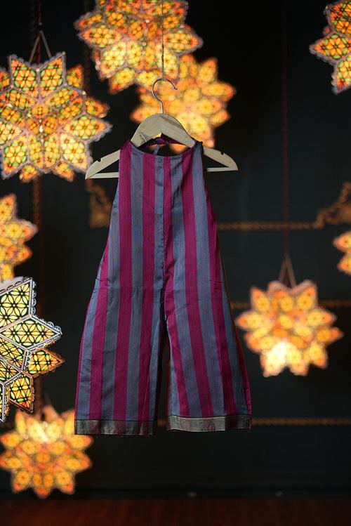 Gulkhaira girls ethnic jumpsuit in striped handwoven cotton silk