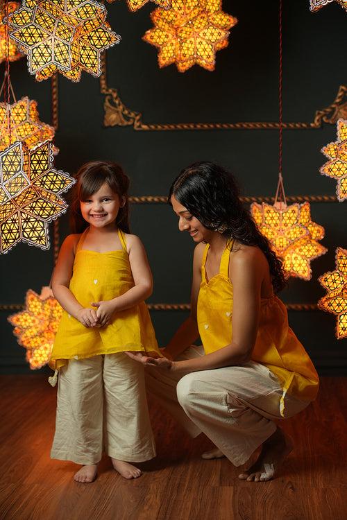 Basant girls ethnic wear halter set with yellow halter neck top and comfortable white pants