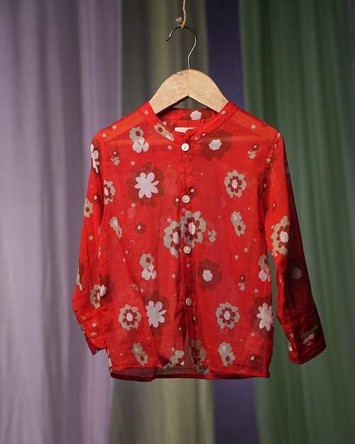 ‘Poppy patch’ mandarin collar malmal cotton unisex full sleeve shirt in red floral print