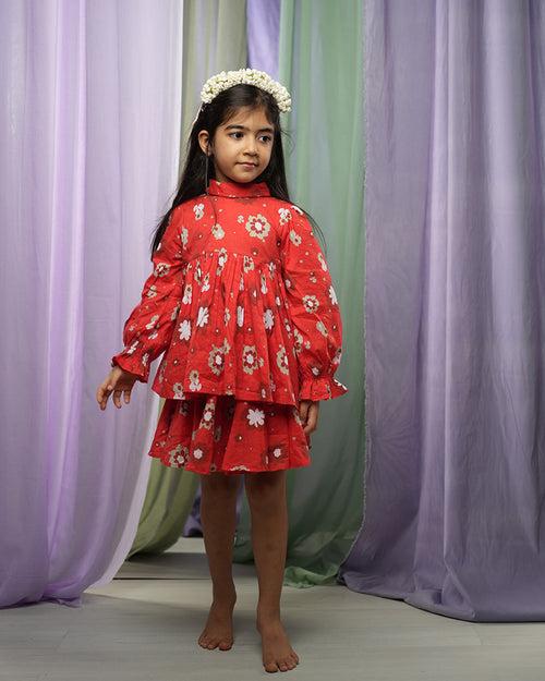 ‘Poppy patch’ girls coord set in custom Love the World Today red floral print cotton