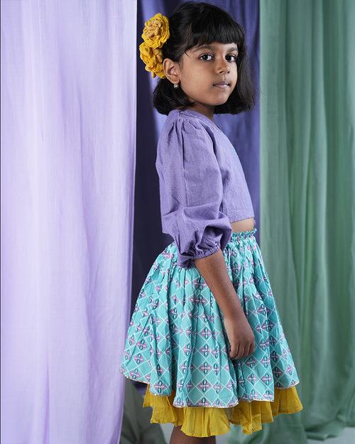 ‘Mosaic magic’ girls ethnic wear wrap top and 3/4th lehenga skirt set in 100% cotton