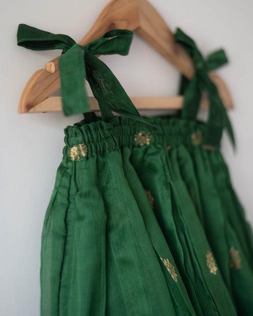 Tulsi ethnic pleated top and lehenga set in green handwoven cotton silk