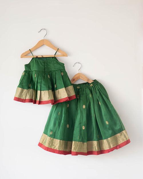 Tulsi ethnic pleated top and lehenga set in green handwoven cotton silk