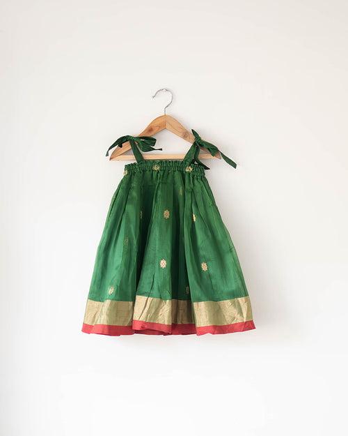 Tulsi ethnic pleated top and lehenga set in green handwoven cotton silk