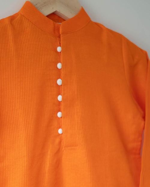 Kesar orange white boys ethnic kurta in handwoven cotton silk