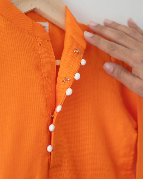 Kesar orange white boys ethnic kurta in handwoven cotton silk