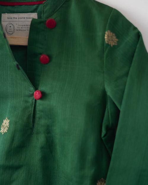 Tulsi green boys ethnic kurta in handwoven cotton silk